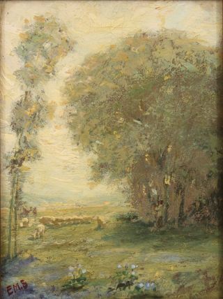 Small Antique American Impressionist Shepherd & Sheep Landscape Oil Painting NR 3