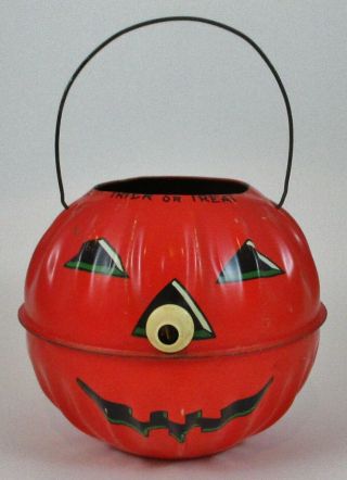 Vintage U.  S Metal Toy Co.  Tin Litho Halloween Pumpkin Face Lantern W/ Horn Nose