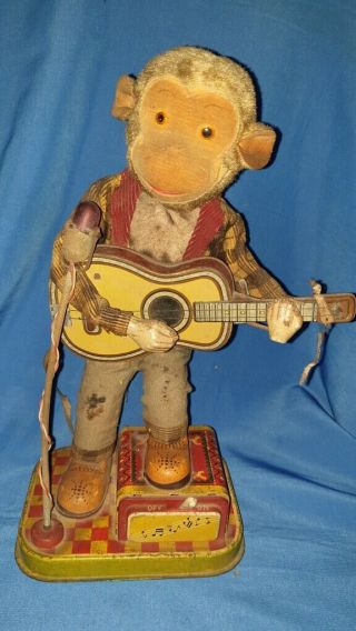Old Vintage Battery Operated Monkey With Guitar From Japan 1960