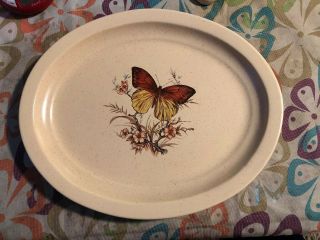 Vtg Treasure Craft Pottery Usa 13 " Serving Platter Tan Speckled Butterfly Reduce