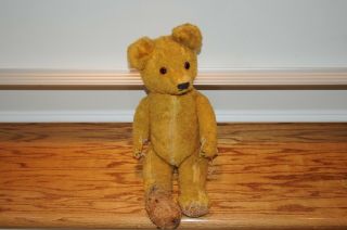 Antique Teddy Bear 17 " Well Loved Straw Filled With Repairs Around Well Worn Old
