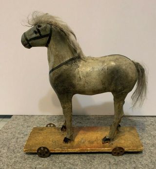 Antique Paper Mache Toy Horse On Platform