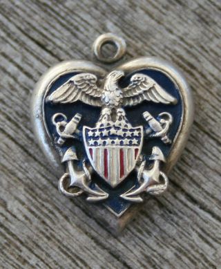 Vintage Sterling Puffy Heart Charm - Eagle With Shield & Anchors With Enamel