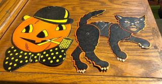Vintage 1940’s Halloween Embossed Diecut Black Cat & Jack - O’ - Lantern H E Luhrs