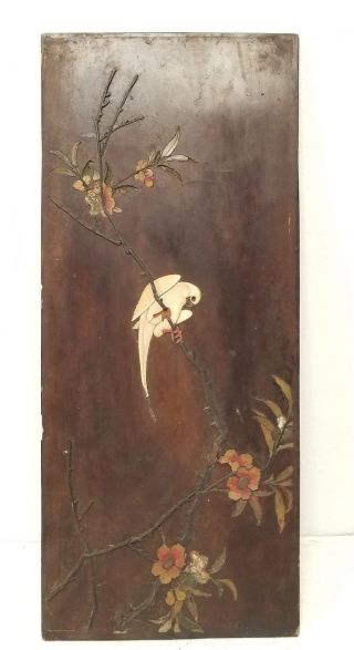 Antique Chinese Japanese Lacquered Wood Panel Shibayama Soapstone Parrot