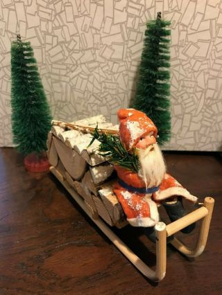 Antique German Santa On Sled,  Wood Logs Candy Container - Exceptional
