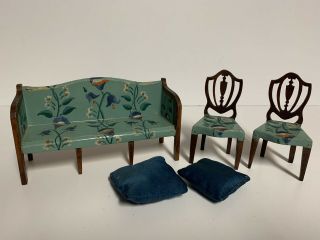 Antique Tynie Toys Miniature Wooden Dollhouse Furniture Sheraton Sofa 2 Chairs