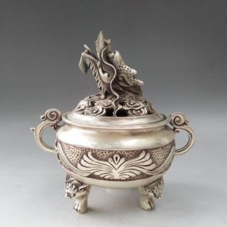 Ancient Chinese Tibetan Silver Hand - Carved Dragon Pattern Incense Burner