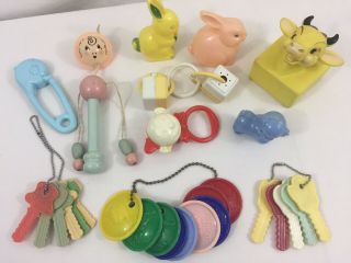Vtg Mid Century Baby Toys Plastic Keys Knickerbocker Bunny Celluloid Rattle
