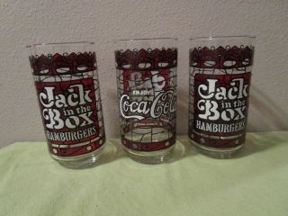 3 Vtg Coca Cola Jack In The Box Hamburgers Stained Glass Tiffany Style Glasses