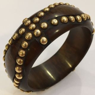 Vintage Brass Studded Carved Mahogany Brown Plastic Bangle Bracelet 2 1/2”