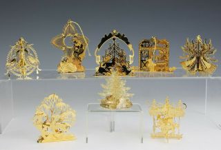 Vintage Set Of 8 Danbury Filigree Gold Plated Christmas Tree Ornaments Sms