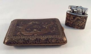 Antique Wwll Era Japanese Damascene Cigarette Case And Lighter Set Dragon/pagoda