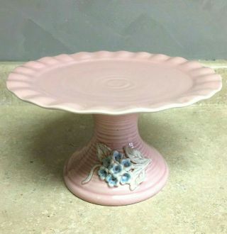 Vintage Ceramic Pedestal Cake Plate Stand Blue Hydrangea Flowers On Pink Stand