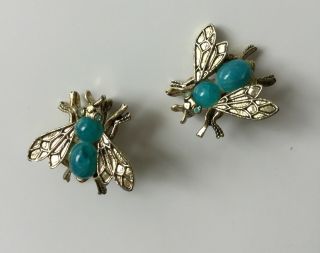 Vintage Fly Bee Wasp Insect Bug Pin Brooch Blue Jelly Belly Rhinestone Pair Set