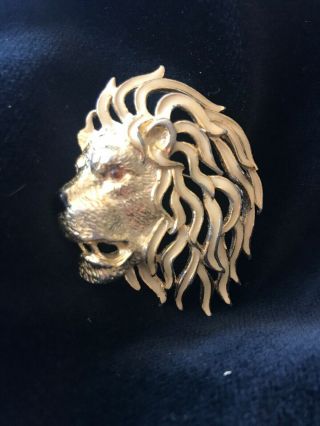 Vintage Signed Sphinx A2941 Lion Brooch Pin Gold Tone Enamel Nose Rhinestone Eye