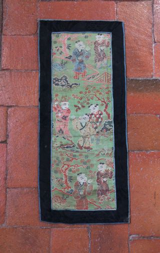Antique Chinese Silk Embroidery Panel Boys Crane Deer Bats Longevity Qing