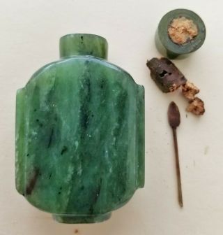 Genuinely Old Antique Chinese Spinach Jade Snuff Bottle And Bone Spoon.