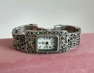 Fine Vintage Ladies Sterling Silver 925 Marcasite Flower Bracelet Watch Floral