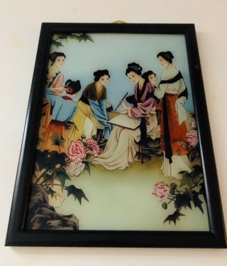 Antique Chinese Reverse Painting On Glass Geisha Woman