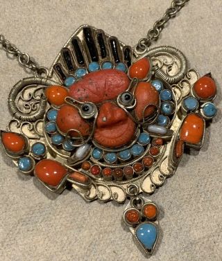 Antique Tibet Nepal Sterling Silver Natural Coral Turquoise Necklace