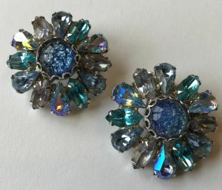 Vintage Weiss Signed Aqua Blue And Purple Rhinestone Flower Earrings