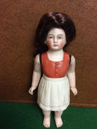 Vintage Antique Small 7” Bisque Doll - Molded Outfit & Real Hair Marked