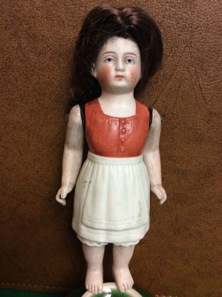 Vintage Antique Small 7” Bisque Doll - molded outfit & real hair marked 2