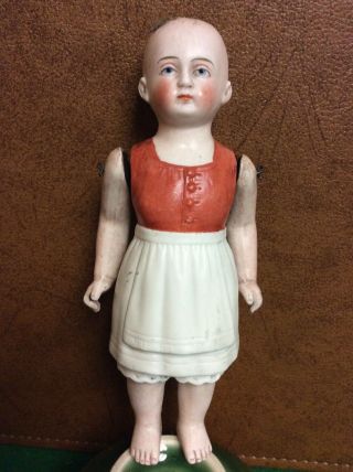 Vintage Antique Small 7” Bisque Doll - molded outfit & real hair marked 3