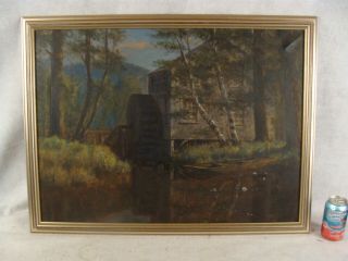 Antique 1924 Grist Mill Water Wheel Landscape Oil Painting
