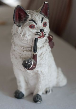Antique Chalk Ware Bank Cat Smoking Pipe