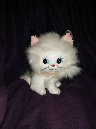 Vintage Ceramic White Cat Figurine With Fur Kitten Blue Eyes Japan