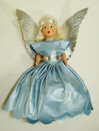 Vtg Storybook Bisque Head Angel Doll Christmas Tree Topper Blue Dress Silver 8 "