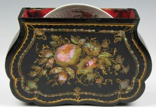 Antique Black Lacquered Mother Pearl Mop Box W Floral Painted Porcelain Dish Lzo