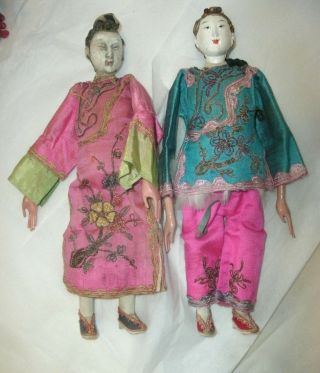 2 Antique Chinese Opera Dolls,  Silk Clothes,  Embroidery,  10 "