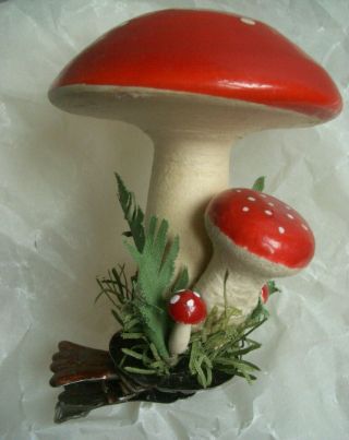 Bunch Of Antique German Clip On Spun Cotton Mushrooms Christmas Ornament