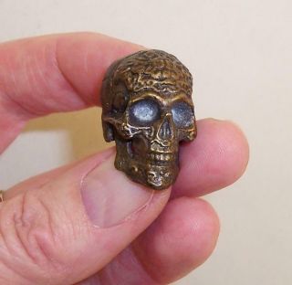 Small Vintage Solid Bronze Miniature Skull Death Head Memento Mori Ornate Detail