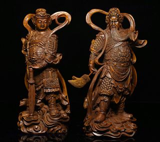 7 Chinese Boxwood Wood Carved Guan Yu Gong Weituo Protector Door God Statue Pair