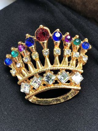 Vintage Jewelry Gorgeous Royal Multi Color Red Blue Rhinestone Crown Brooch Pin 2