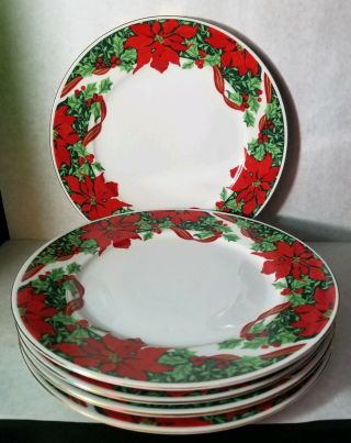 Vintage Gibson Holiday/christmas Red Ribbon And Poinsettia 5 Dinner Plates