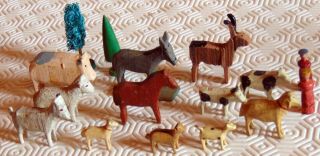 16 Antique Wooden Noahs Ark Animals 12,  2 Erzebirge,  2tree Hand Carved Painted