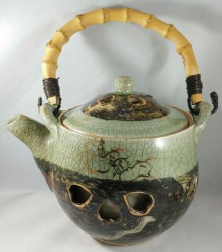 Vintage Japan Somayaki Soma Ware Green Gold Crackle Glaze Double Walled Teapot