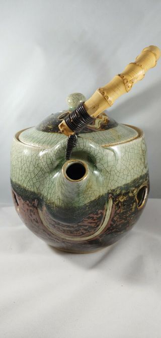 Vintage Japan Somayaki Soma Ware Green Gold Crackle Glaze Double Walled Teapot 3