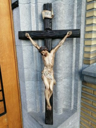 Huge 39.  3inc Antique Church Carved Wood Cross Crucifix Plaster Jesus Corpus Wall