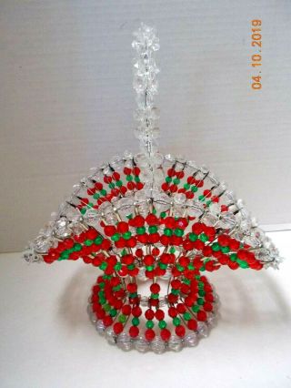 Vintage Christmas 9 " Tall Hand Made Basket With Beads & Safety Pins - Usa -
