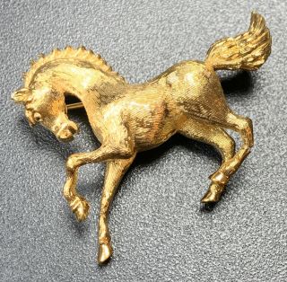 Signed Monet Vintage Brooch Pin 1.  5” Gold Tone Horse Figural