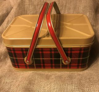 Vintage Nesco Metal Picnic Lunch Basket Tin Red Blue Scotch Tartan Plaid Handles