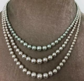 Vintage Jewellery Triple Stranded Three Tones Pearl Necklace