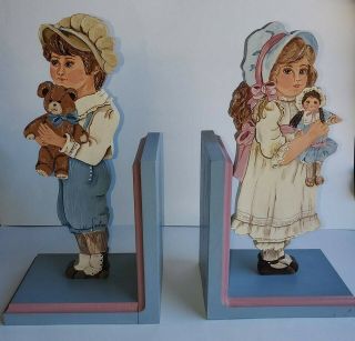 Vintage Wood Painted Book Ends Girl/boy Holding Dolls 16 Inches Tall