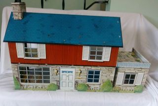 Vintage Marx Doll House With Furniture And Awning Litho Tin Metal